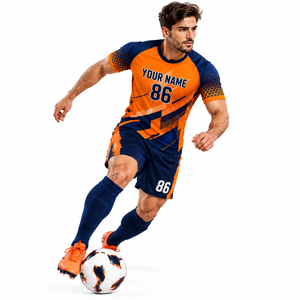 Ensemble de maillot de football pour homme orange et bleu marine, impression numérique, polyester/coton, écologique, séchage rapide, uniforme de football, short assorti - Product Image 2