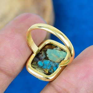 Geometric Turquoise Cocktail <b>Ring</b> Gold Plated Brass Bezel <b>Set</b> Natural Stone Unisex Bohemia Style Daily Wear - Product Image 4