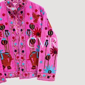 Abrigo de Terciopelo Rosa con Bordado Floral a Mano, Cuello Mao, Manga Larga, Ropa Exterior Informal de Otoño para Mujer - Product Image 3