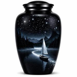 Beautiful Nature Blue Ocean white Boat Sticker with Enamel Memorial Cremation Urn for Adults Human Funeral Ashes - Product Image 2