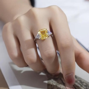 <b>Cushion</b> Cut Vivid Yellow Three Stone Lab Grown Diamond <b>Ring</b> in 14K White Gold Diamond <b>Ring</b> with IGI Certified & VVS Clarity - Product Image 3