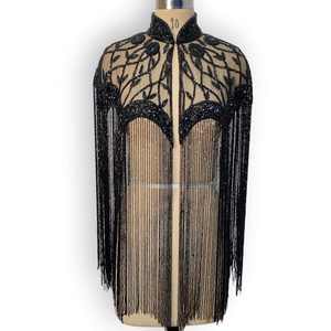 Cape à franges noire perlée pour spectacle, boléro scintillant à pompons pour costume de danse, écharpe d'épaule pour showgirl, vente en gros - Product Image 1