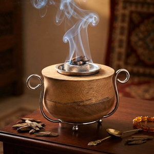 Elegant Wooden Bowl Incense Burner Featuring Curved <b>Silver</b> <b>Wire</b> Side Handles With A Matching Footed Base Metal Dish Insert - Product Image 6