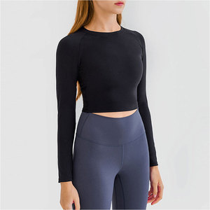 <b>Long</b> <b>Sleeves</b> Crew Neck Workout Training Compression Crop Top Gym Women Sport Spandex/Polyester Breathable Quick Dry Lightweight - Product Image 5