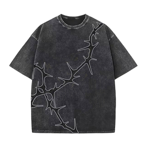 Camiseta de mujer de corte regular, lavado ácido, manga corta, 100% algodón, estilo casual urbano, top de moda con cremallera, apliques y estampado de agujeros. - Product Image 1