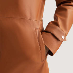 OEM Custom Avan <b>Tan</b> <b>Brown</b> Genuine Leather Bomber Jacket Waterproof Winter Stand Collar Streetwear Zipper Closure Cotton Lining - Product Image 2