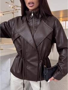 Veste en cuir de mouton marron pour femme, col montant, style motard, fermeture éclair, manches régulières, coupe-vent, printemps automne - Product Image 1