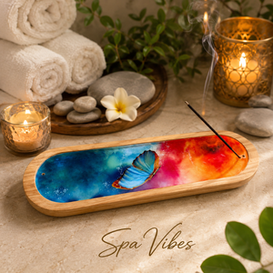 Plateau en bois imprimé papillon pour attraper les cendres d'encens |   Porte-encens décoratif pour la méditation, le yoga, l'aromathérapie, la décoration de la maison - Product Image 4