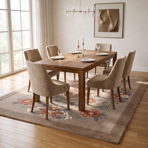 Tapis tufté à la main motif floral médaillon, beige taupe, en laine, motif botanique vintage, vente en gros sur mesure - Product Image 3