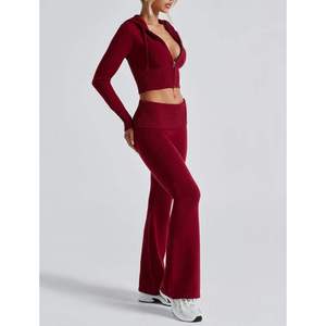 Custom Women's Flare Tracksuit Set Zip Up Crop <b>Hoodie</b> High Waist Flared Pants Fitness Activewear OEM Supplier - Product Image 6