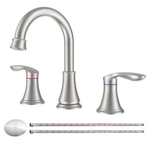 Rubinetto per lavabo bagno a 2 maniglie, 8 pollici, in nichel spazzolato, con beccuccio girevole a 360 gradi, a 3 fori, per lavabo da appoggio - Product Image 1