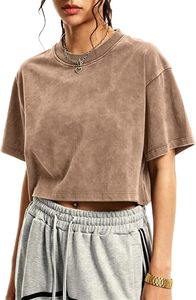 Camiseta Corta de Mujer, Color Marrón, Cuello Redondo, Manga Corta, Corte Holgado, Informal, Tejida, Color Sólido, para Uso Diario en Todas las Temporadas - Product Image 4