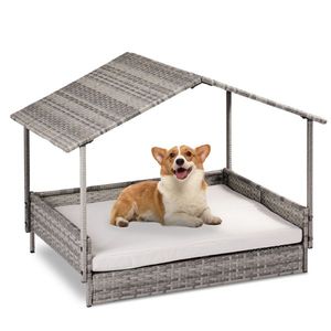 Cuccia per Cani Rialzata in Rattan di Piccole e Medie Dimensioni con Cuscino Lavabile, per Interni ed Esterni, Letto per Animali Domestici in Vimini con Baldacchino - Product Image 1