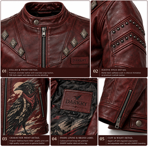 Chaqueta de Cuero con Gráficos Oxblood Raven para Hombre, Chaqueta de Motero Occidental de Piel de Vacuno Carmesí Personalizada, Oferta Directa de Fábrica - Product Image 6
