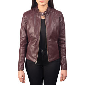 Veste élégante pour femmes en cuir synthétique marron, motif hivernal, logo, coupe ajustée minimaliste, col rabattu, fermeture éclair, fabrication OEM - Product Image 3
