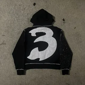 Sudadera con capucha negra para hombre con cremallera, logo de diamantes de imitación, estilo urbano de felpa francesa, corte oversize, para otoño - Product Image 3