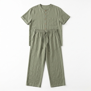 Men's Summer <b>Linen</b> Casual Shirt & Wide-Leg Pants Co-Ord Relaxed Resort <b>Two</b>-<b>Piece</b> Set OEM ODM Wholesale Factory Private Label - Product Image 4