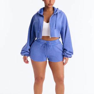 Conjunto de Chaqueta Corta con Capucha y Cremallera de Forro Polar Azul para Mujer, Novedad, Casual, Primavera Verano, Ropa de Descanso, Estilo Urbano Sólido - Product Image 2
