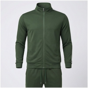 Ensemble de survêtement vert pour homme, manches longues, col montant, fermeture éclair sur le devant, couleur unie, respirant, coupe décontractée, vêtements d'automne - Product Image 1