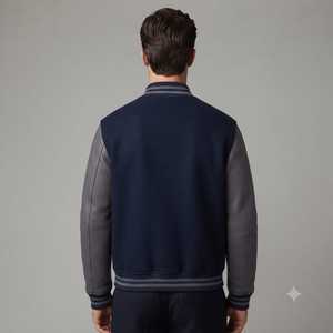<b>Men's</b> Blue Varsity <b>Jacket</b> 2026 27 With Gray <b>Leather</b> Sleeves Turn-down Collar Single Button Closure Casual Autumn Wear - Product Image 3