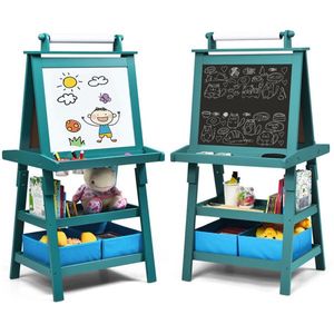 Cavalletto Artistico Verde 3-in-1 a Doppia Faccia con Vano Portaoggetti per Disegno e Giochi per Bambini - Product Image 1