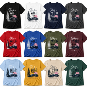 Camiseta de Cuello Redondo Azul Personalizada para Mujer, Manga Corta, Estampado Stay Wild Free, 100% Algodón, Casual, Transpirable, Corte Regular - Product Image 4