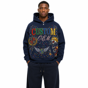 OEM Custom Navy Blue Heavyweight Hoodie Colorful Rhinestones Multi Patchwork Embroidery <b>Pullover</b> Hoodies Y2K Style Streetwear - Product Image 3