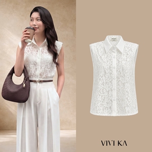 Blusa sin mangas de encaje blanco para mujer, camisa con cuello y botones en la parte delantera, estampado floral, Top elegante para primavera y verano, ropa de oficina GINNY - Product Image 1