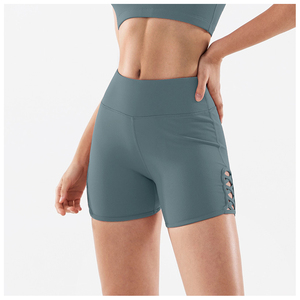 Shorts Deportivos Azul Marino de Cintura Alta con Botones y Detalle Cruzado Lateral, Lavados, para Entrenamiento Femenino - Product Image 6