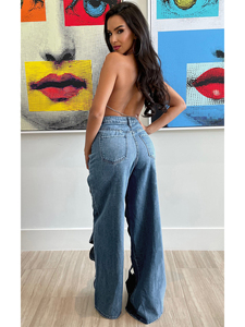 High Waist Wide Leg Denim Pants Women Plus Size Hollow Out Stonewashed Sexy Club Style Full Length Jeans Summer Fashion - Product Image 6