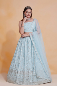 <b>Light</b> Blue Georgette Lehenga Choli Set Zari Sequence Embroidered Semi Stitched <b>Net</b> Dupatta Wedding Party Wear - Product Image 1