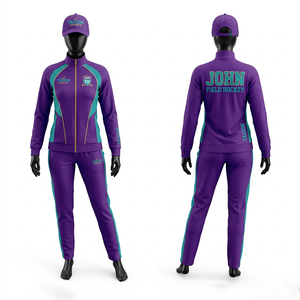 Conjunto Deportivo de Hockey sobre Césped para Mujer, 280 GSM, Poliéster y Spandex, Felpa, Panel Morado y Negro, Sublimación Personalizada, Logotipo Bordado - Product Image 3