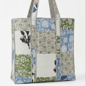 Bolsa de Mano Acolchada de Algodón, Bolsa de Compras con Estampado de Bloques de Patchwork Hecha a Mano, Bolsa de Hombro de Algodón Reutilizable de Gran Capacidad - Product Image 1