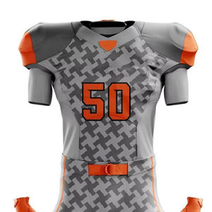 Ensemble d'uniformes de football américain personnalisés gris et orange à imprimé géométrique, sublimés, anti-humidité, ajustés pour adultes, vente en gros, LOGO - Product Image 5