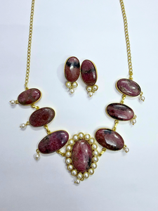 Classic Handmade Natural Gemstone Choker <b>Necklace</b> Earring Set with Pearls 18K Gold Plated <b>Ruby</b> Zoisite <b>Necklace</b> and Stud Earring - Product Image 1