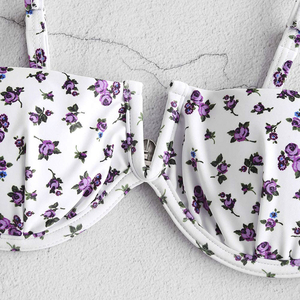 Conjunto de bikini con estampado floral para mujer, top push-up, parte inferior tipo tanga, ribete en contraste, traje de baño elástico de 2 piezas - Product Image 5