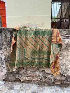 Handmade Vintage Block Printed Cotton Kantha Reversible Quilt <b>Bedspread</b> with Traditional Indian Floral Design - Product Image 4