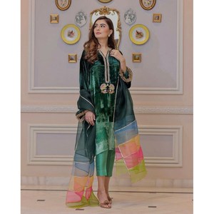 PARTY WEAR VELVET EMBROIDERY WORK <b>TOP</b> BOTTOM WITH DUPATTA GREEN - Product Image 1