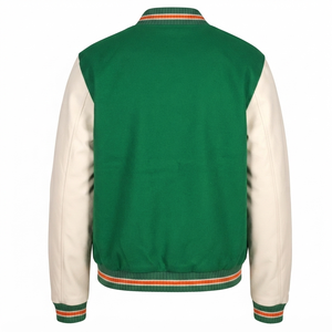 Men's Green Varsity Jacket With Cream Sleeves And Orange Trim Regular Fit Casual Wear Autumn Season - Product Image 2