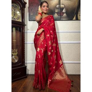 ATTRACTIVE BANARASI SILK GOLD ZARI WORK SAREE WITH UNSTITCHED <b>BLOUSE</b> <b>RED</b> - Product Image 1