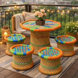 Handmade Eco-Friendly Bamboo Wood Top Frame Farmhouse Modern Outdoor Restaurant <b>Table</b> Set 4 <b>Stools</b> Durable Commercial Furniture - Product Image 2