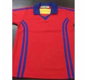 Camiseta Escolar de Mezcla de Algodón de Alta Calidad, Roja con Paneles Azules en Contraste y Detalles a Rayas, Polo de Uniforme Infantil de Punto Suave Premium - Product Image 1