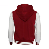 Blouson universitaire unisexe à capuche blanc bordeaux, style baseball, en molleton de coton boutonné, avec bordure côtelée rayée