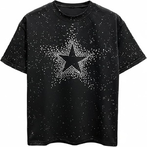 Plus Size Men's <b>Black</b> T-<b>Shirt</b> With Rhinestone Star Print Short Sleeve O-Neck Casual Knitted Geometric Pattern Front Design - Product Image 2
