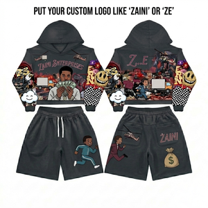 Men Hoodie Short <b>Set</b> 300 GSM Cotton Polyester Fleece Charcoal Graphic Print Custom Logo Sublimation Streetwear Outfit - Product Image 1