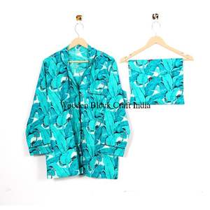 ชุดนอนผ้าฝ้ายพิมพ์ลายบล็อกสีฟ้าอ่อนสำหรับผู้หญิง เนื้อผ้านุ่ม ระบายอากาศได้ดี เหมาะสำหรับการพักผ่อน การนอนหลับ และสวมใส่สบายๆ - Product Image 2