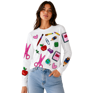 White Custom <b>Sequin</b> Embroidery Back to School Crew Neck Loose Fit Cotton Casual Spring/Summer Women's <b>T</b>-<b>shirt</b> Fit for All Season - Product Image 4