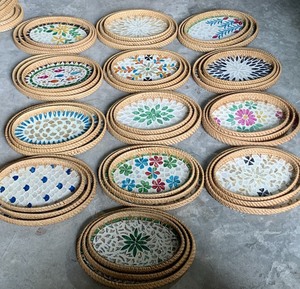 Ensemble de plateau en rotin rond vietnamien avec incrustation de nacre pour affichage de Table de cuisine ou décoration de salon ensemble de plateau en rotin - Product Image 6
