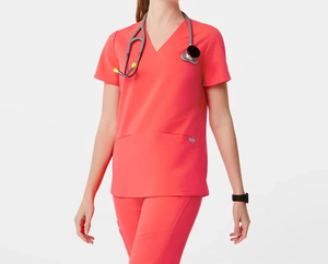 Costom Hospital Doctor Surgical Women Zip Neck Short Sleeve Top Double Layer Pocket Nurse Uniforms <b>Scrub</b> <b>Sets</b> - Product Image 2