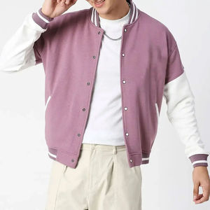 <b>Men's</b> Purple <b>White</b> Sleeve Varsity <b>Jacket</b> Casual Autumn Fleece Stand Collar Regular Fit Polyester Cotton Outerwear - Product Image 4